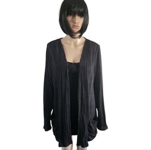 Black ribbed open cardigan with long sleeves and side pockets, size XXL